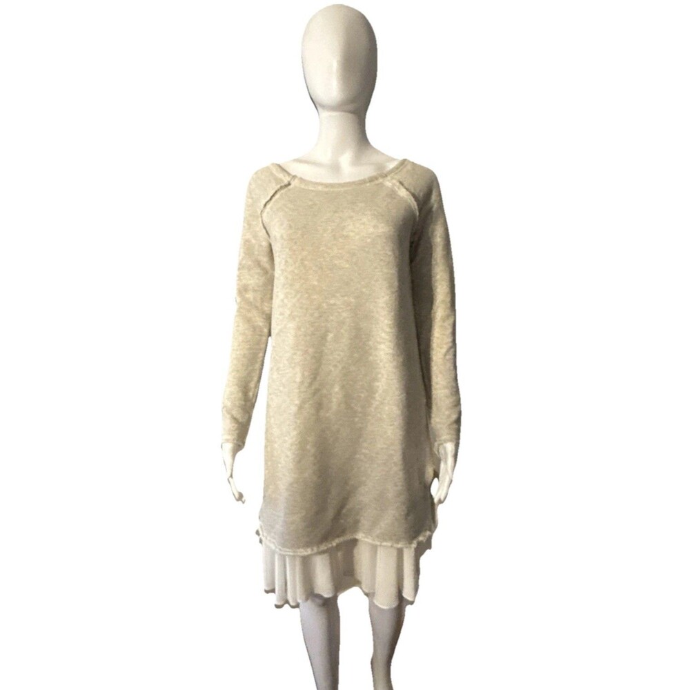 Sundance Dress French Terry Jersey Knit Gray Ivory Chiffon Ruffle L/S SZ XS